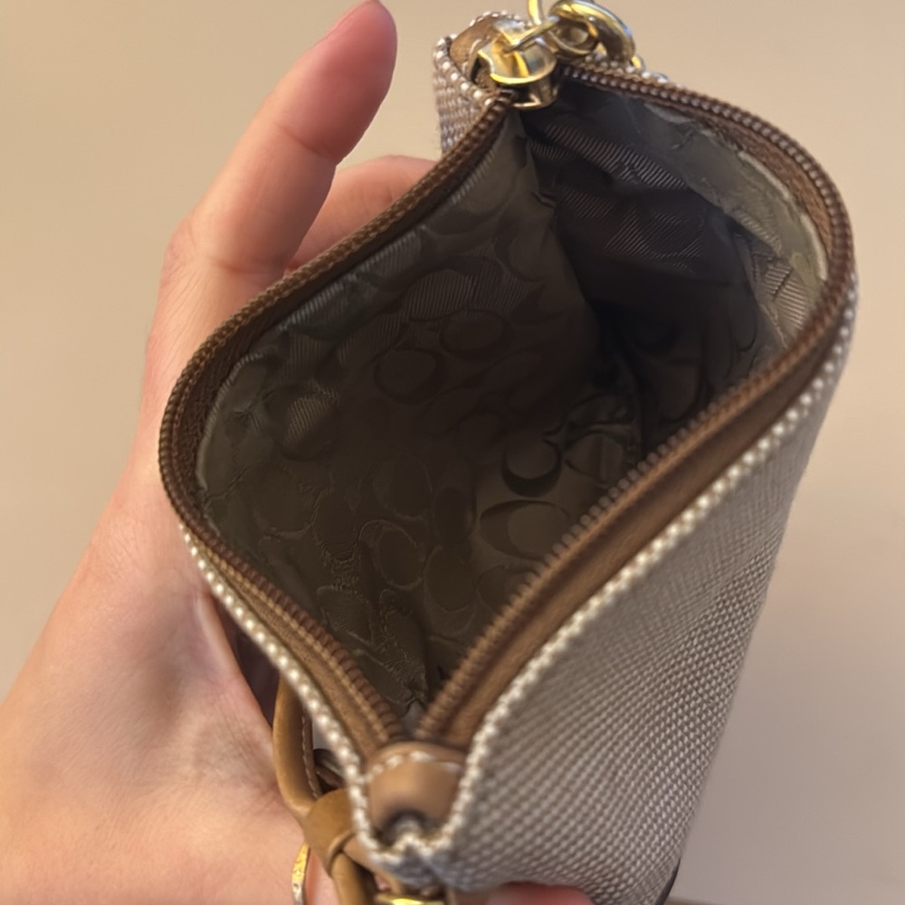 Vintage Coach Small Wristlet | Tweed Fabric & Leather Zip Pouch Tan - Picture 5 of 8